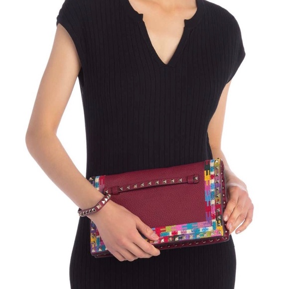 Valentino Rockstud Embroidered Trim Clutch - Picture 1 of 8